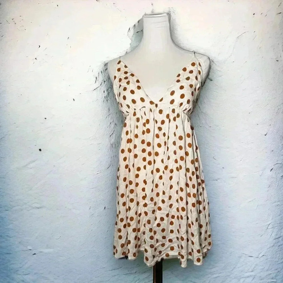 Zara Women's White Brown Fit and Flare Mini Dress Medium Polka Dot Tie  Back - Picture 1 of 6
